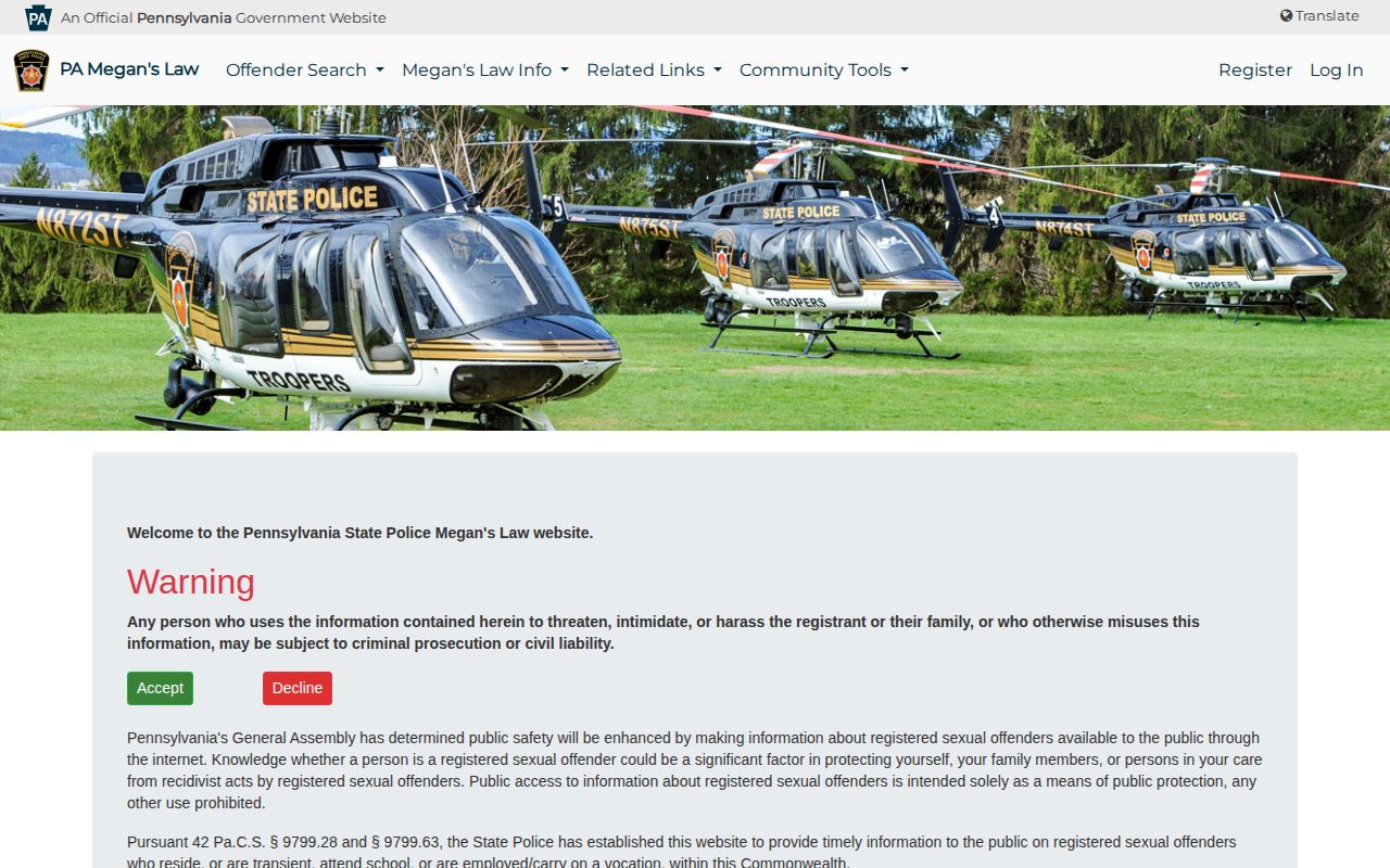 Washington County registry records on the Pennsylvania State Police search screen