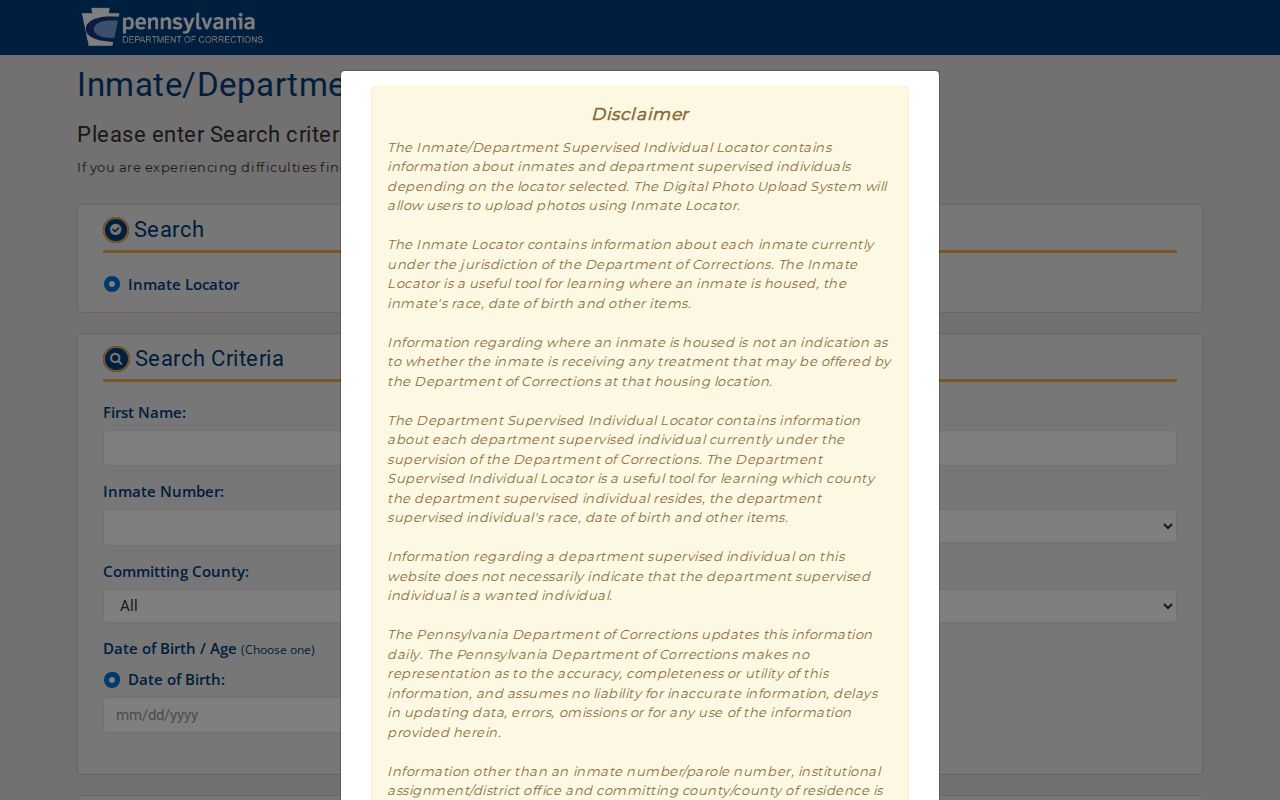 Washington County released inmate search in the PA DOC locator