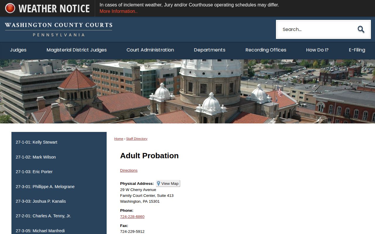 Washington County Adult Probation Services official directory page